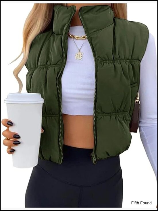 Jackets & Blazers - Cropped Puffer Vest Zip Up Stand Collar Sleeveless Padded Vest